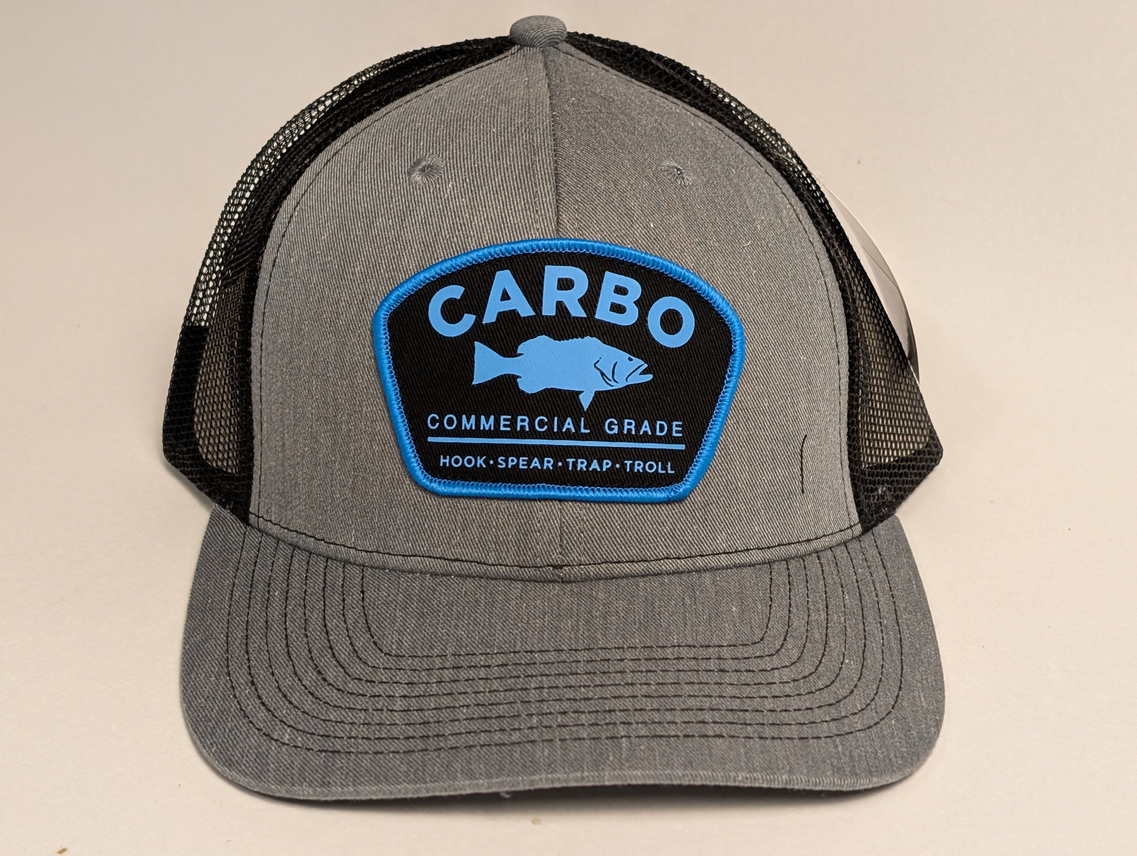 Heather Gray and Black, Blue on Black PVC patch snap back.